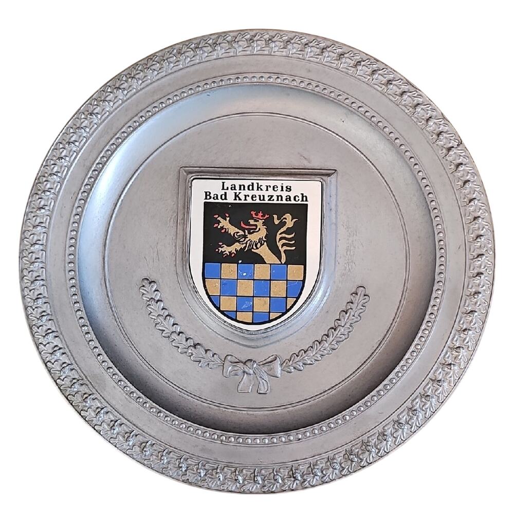 Vintage Stamped Landkreis Bad Kreuznach German Ornate Pewter Plate with Crest 9"